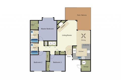 3 Bedrooms 2 Baths Apartment Floor Plan